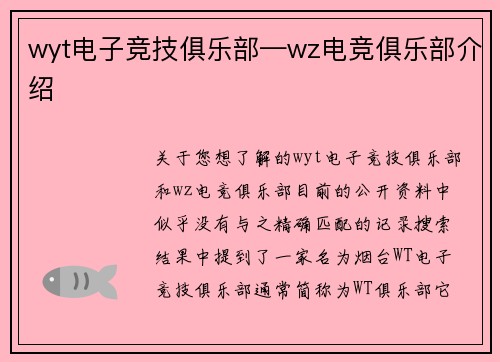 wyt电子竞技俱乐部—wz电竞俱乐部介绍