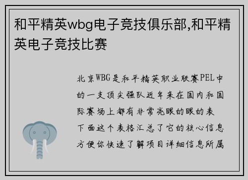 和平精英wbg电子竞技俱乐部,和平精英电子竞技比赛